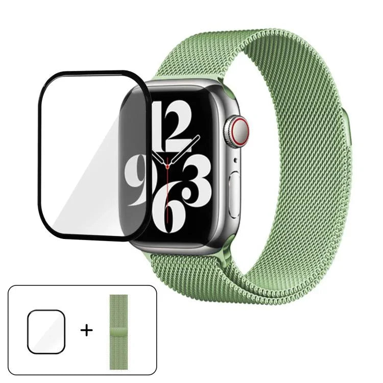 3Dカーブフィルム付きミラネーゼステンレススチール時計バンド、Apple Watch Series 41mm用、Apple Watch Series 38mm用、Apple Watch Series 42mm用