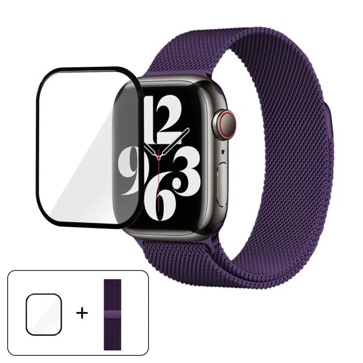 3Dカーブフィルム付きミラネーゼステンレススチール時計バンド、Apple Watch Series 41mm用、Apple Watch Series 38mm用、Apple Watch Series 42mm用
