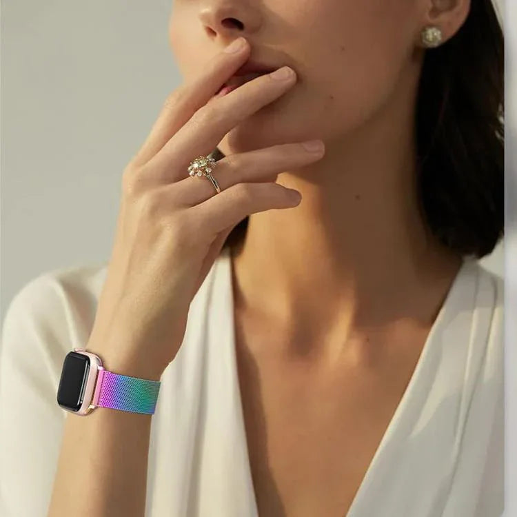3Dカーブフィルム付きミラネーゼステンレススチール時計バンド、Apple Watch Series 41mm用、Apple Watch Series 38mm用、Apple Watch Series 42mm用