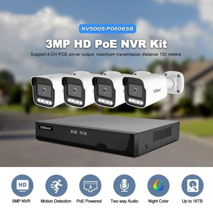 SriHome NVS005-POE065 3MP HD 4チャンネル POEカメラ ネットワークビデオレコーダーキット、3MP 4チャンネル
