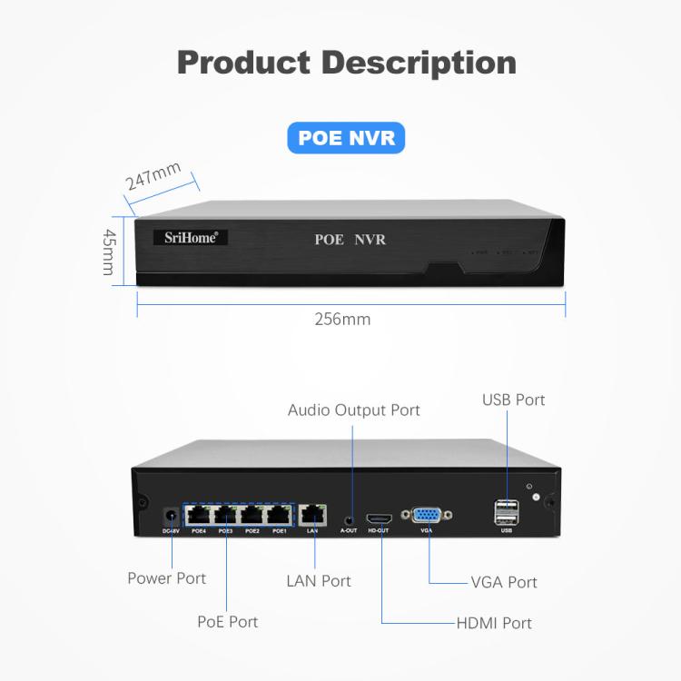 SriHome NVS005-POE030 3MP HD 4チャンネル POEカメラ ネットワークビデオレコーダーキット、3MP 4チャンネル