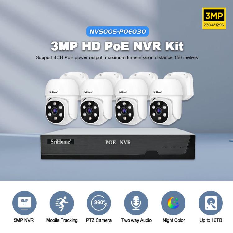 SriHome NVS005-POE030 3MP HD 4チャンネル POEカメラ ネットワークビデオレコーダーキット、3MP 4チャンネル