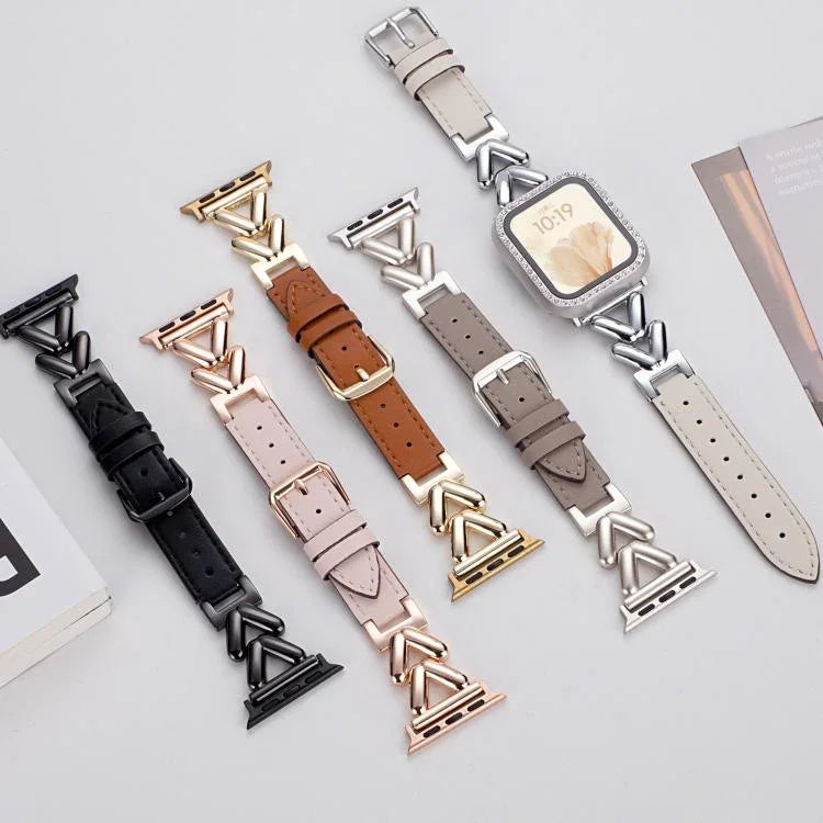xDfind V字型メタルハイブリッドレザー時計バンド、Apple Watch 42 / 44 / 45 / 46 / 49mm用、Apple Watch 38 / 40 / 41 / S10 42mm用