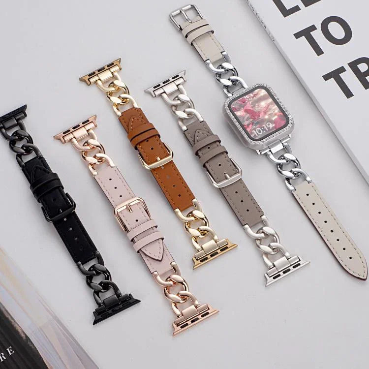 xDfind デニムチェーンメタルハイブリッドレザー時計バンド、Apple Watch 42 / 44 / 45 / 46 / 49mm用、Apple Watch 38 / 40 / 41 / S10 42mm用