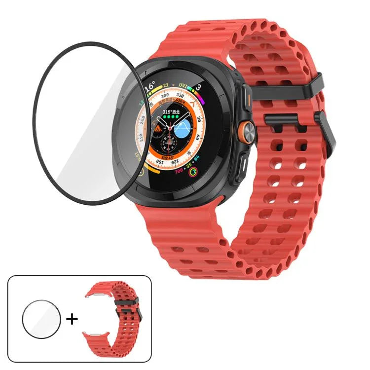 マリンデュアルバックルシリコンウォッチバンド 3Dカーブフィルム付き、Samsung Galaxy Watch Ultra 2025用、Samsung Galaxy Watch Ultra 47mm用