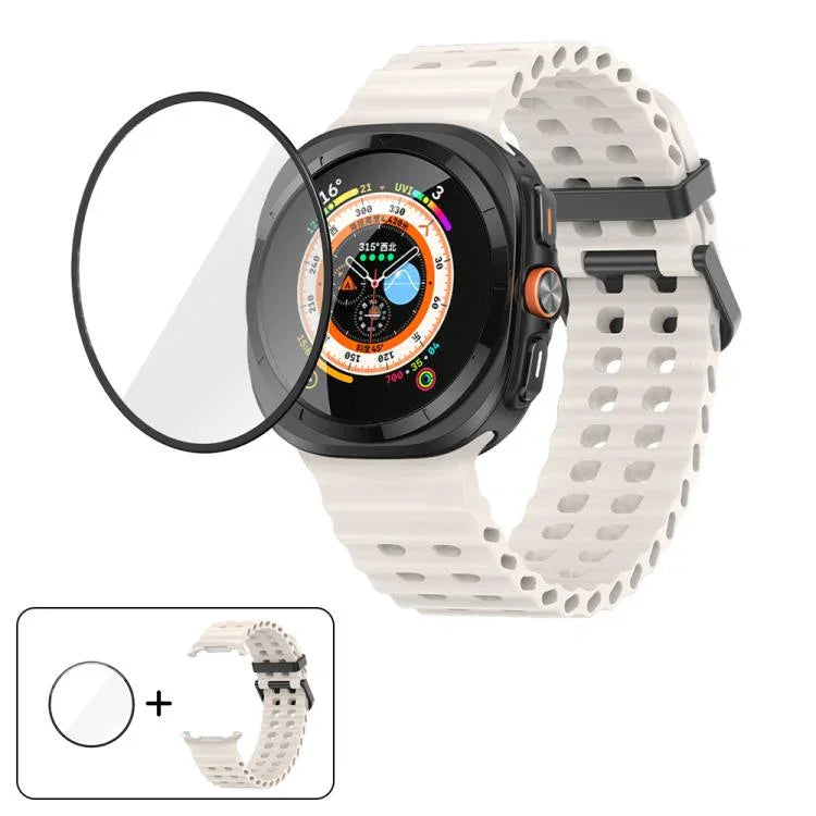 マリンデュアルバックルシリコンウォッチバンド 3Dカーブフィルム付き、Samsung Galaxy Watch Ultra 2025用、Samsung Galaxy Watch Ultra 47mm用