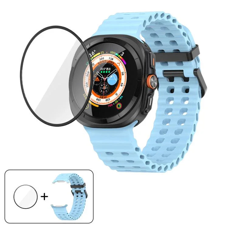 マリンデュアルバックルシリコンウォッチバンド 3Dカーブフィルム付き、Samsung Galaxy Watch Ultra 2025用、Samsung Galaxy Watch Ultra 47mm用