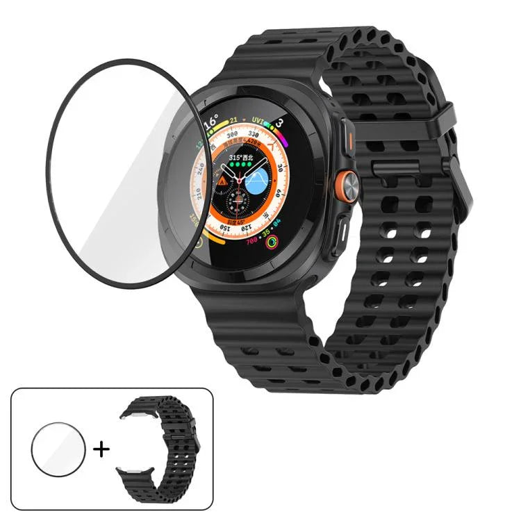 マリンデュアルバックルシリコンウォッチバンド 3Dカーブフィルム付き、Samsung Galaxy Watch Ultra 2025用、Samsung Galaxy Watch Ultra 47mm用