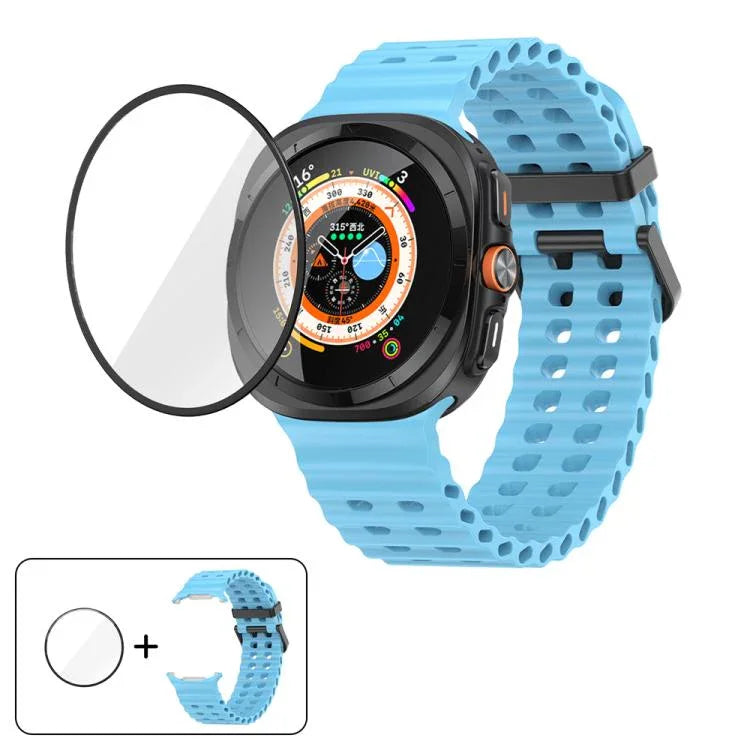 マリンデュアルバックルシリコンウォッチバンド 3Dカーブフィルム付き、Samsung Galaxy Watch Ultra 2025用、Samsung Galaxy Watch Ultra 47mm用