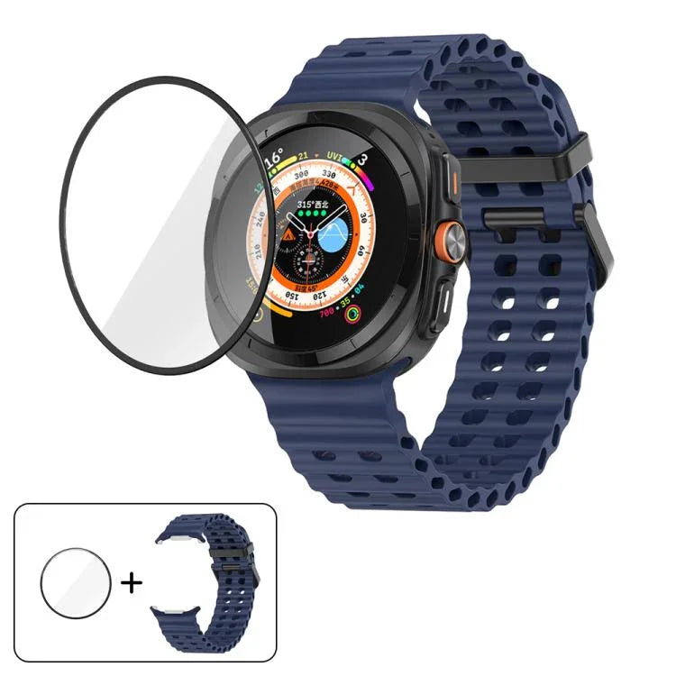 マリンデュアルバックルシリコンウォッチバンド 3Dカーブフィルム付き、Samsung Galaxy Watch Ultra 2025用、Samsung Galaxy Watch Ultra 47mm用