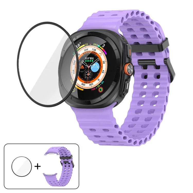 マリンデュアルバックルシリコンウォッチバンド 3Dカーブフィルム付き、Samsung Galaxy Watch Ultra 2025用、Samsung Galaxy Watch Ultra 47mm用