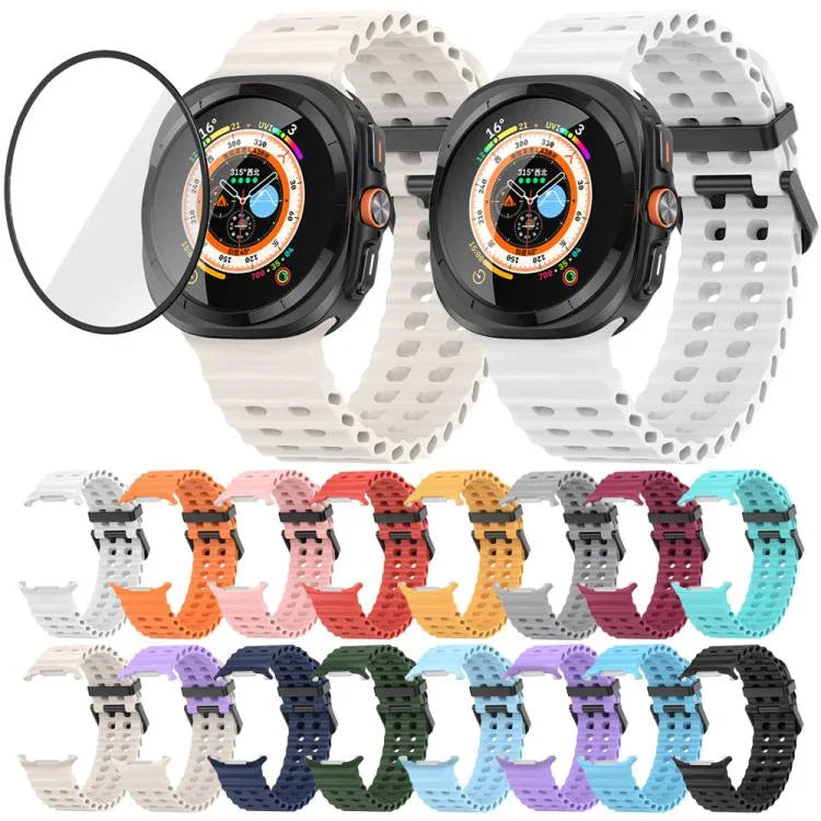 マリンデュアルバックルシリコンウォッチバンド 3Dカーブフィルム付き、Samsung Galaxy Watch Ultra 2025用、Samsung Galaxy Watch Ultra 47mm用