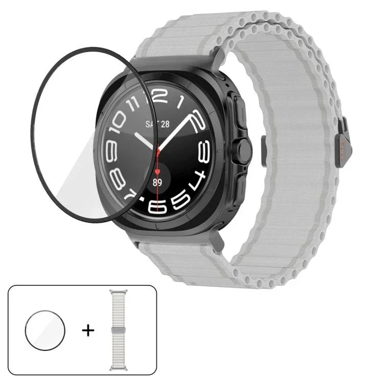 マリンループナイロンウォッチバンド 3Dカーブフィルム付き、Samsung Galaxy Watch Ultra 2025用、Samsung Galaxy Watch Ultra 47mm用