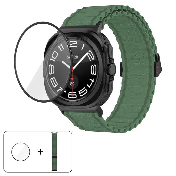 マリンループナイロンウォッチバンド 3Dカーブフィルム付き、Samsung Galaxy Watch Ultra 2025用、Samsung Galaxy Watch Ultra 47mm用