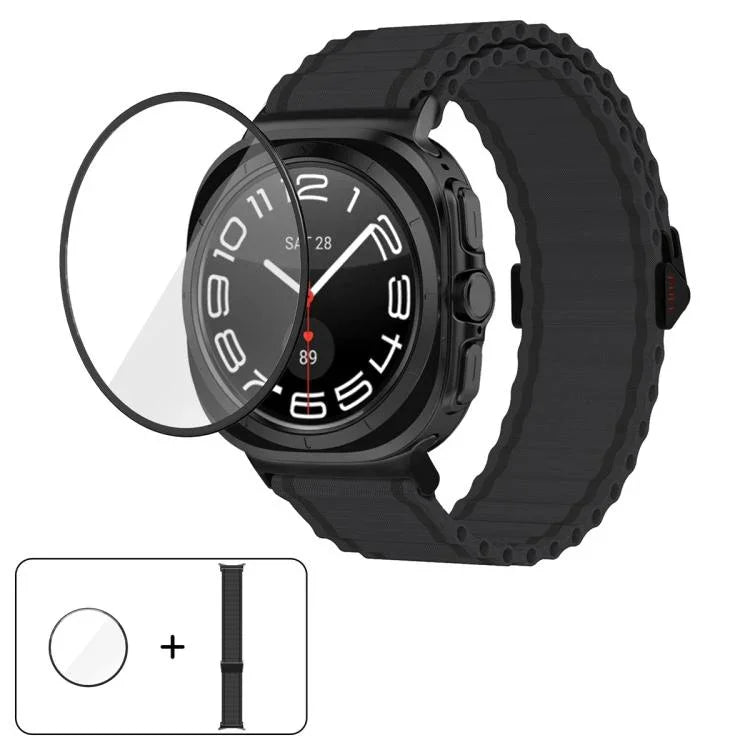 マリンループナイロンウォッチバンド 3Dカーブフィルム付き、Samsung Galaxy Watch Ultra 2025用、Samsung Galaxy Watch Ultra 47mm用