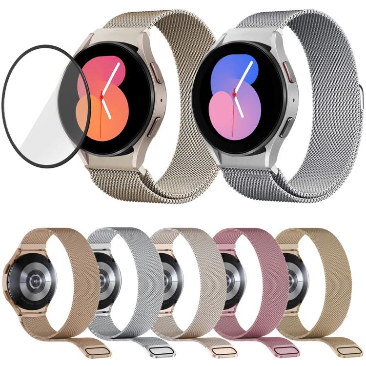 ミラネーゼマグネティックステンレススチールウォッチバンド（3Dカーブフィルム付き）、Samsung Galaxy Watch6 Classic 43mm用、Samsung Galaxy Watch5 44mm用、Samsung Galaxy Watch5 Pro 45mm用、Samsung Galaxy Watch5 40mm用、Samsung Galaxy Watch4 44mm用
