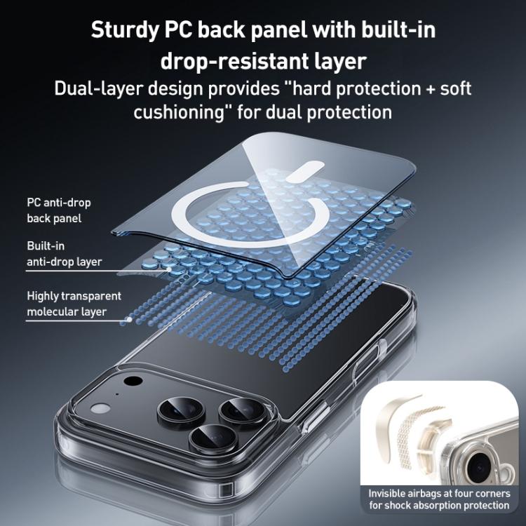 ZGA Magsafe メタルボタン クリアPCハイブリッドTPUスマホケース、iPhone 17 Pro Max用、iPhone 17 Pro用、iPhone 17用