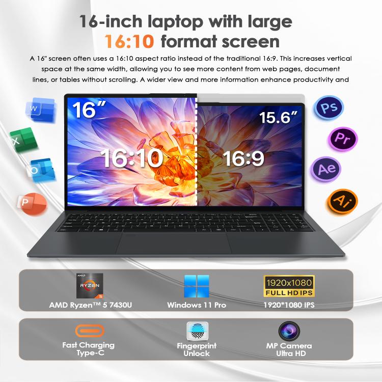 GXMO T160 16インチ Windows 11 ノートパソコン、16GB+512GB、AMD Ryzen 5 7430U ヘキサコアプロセッサー、EUプラグ、USプラグ、UKプラグ、AUプラグ