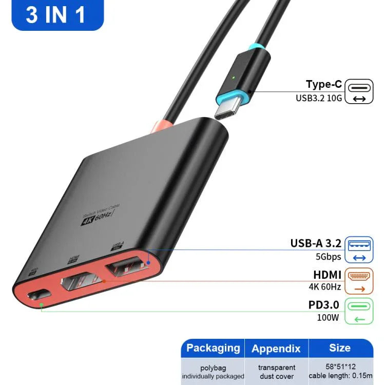 3-in-1 Type-C to HDMI + USB 3.0 + Type-C PD充電ポート デスクトップドッキングステーション、Nintendo Switch用
