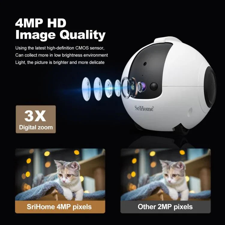 SriHome DH013 4MP スマートペットロボットカメラ、米国プラグ、英国プラグ、EUプラグ、オーストラリアプラグ