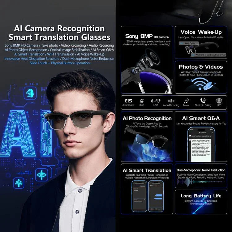 W630 800W WiFi4 AI写真認識スマート翻訳 Bluetooth通話メガネ