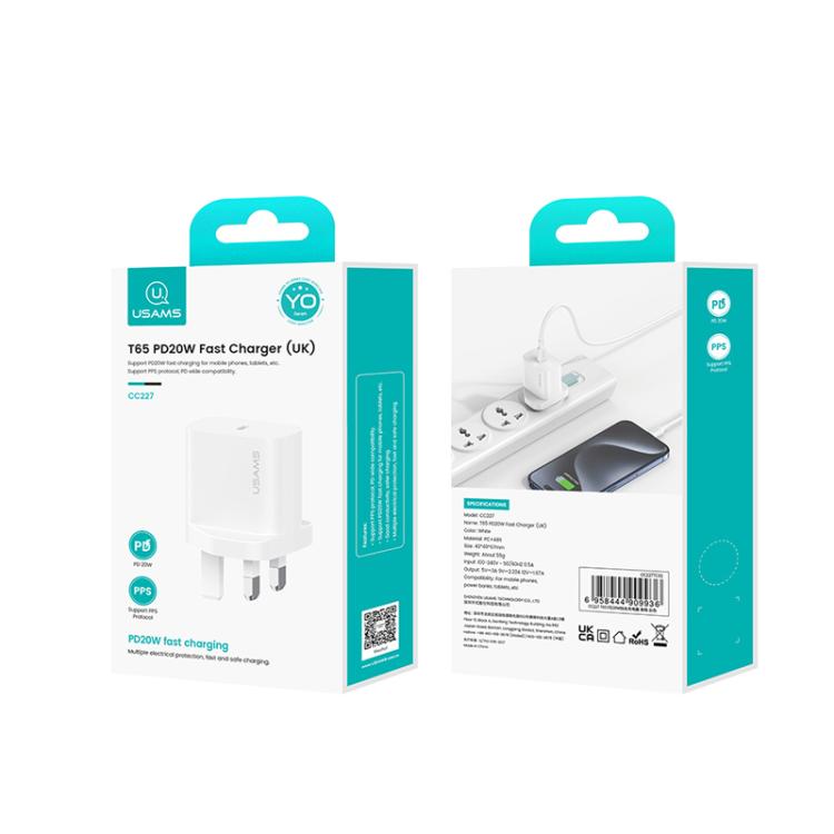 USAMS CC227 T65 PD20W USB-C / Type-C シングルポート急速充電器、UKプラグ、CC227