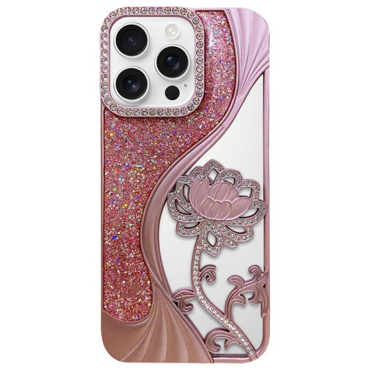 電気めっき TPU 蓮の空彫り ラインストーン グリッター電話ケース、iPhone 17 Pro Max用、iPhone 17 Pro用、iPhone 17用、iPhone 16 Pro Max用、iPhone 16 Pro用、iPhone 16用、iPhone 15 Pro Max用、iPhone 15 Pro用