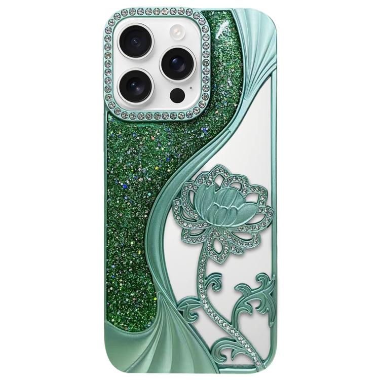電気めっき TPU 蓮の空彫り ラインストーン グリッター電話ケース、iPhone 17 Pro Max用、iPhone 17 Pro用、iPhone 17用、iPhone 16 Pro Max用、iPhone 16 Pro用、iPhone 16用、iPhone 15 Pro Max用、iPhone 15 Pro用