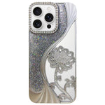 電気めっき TPU 蓮の空彫り ラインストーン グリッター電話ケース、iPhone 17 Pro Max用、iPhone 17 Pro用、iPhone 17用、iPhone 16 Pro Max用、iPhone 16 Pro用、iPhone 16用、iPhone 15 Pro Max用、iPhone 15 Pro用