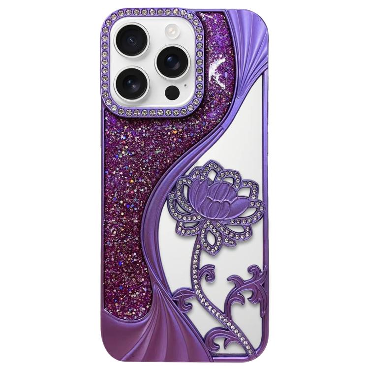 電気めっき TPU 蓮の空彫り ラインストーン グリッター電話ケース、iPhone 17 Pro Max用、iPhone 17 Pro用、iPhone 17用、iPhone 16 Pro Max用、iPhone 16 Pro用、iPhone 16用、iPhone 15 Pro Max用、iPhone 15 Pro用