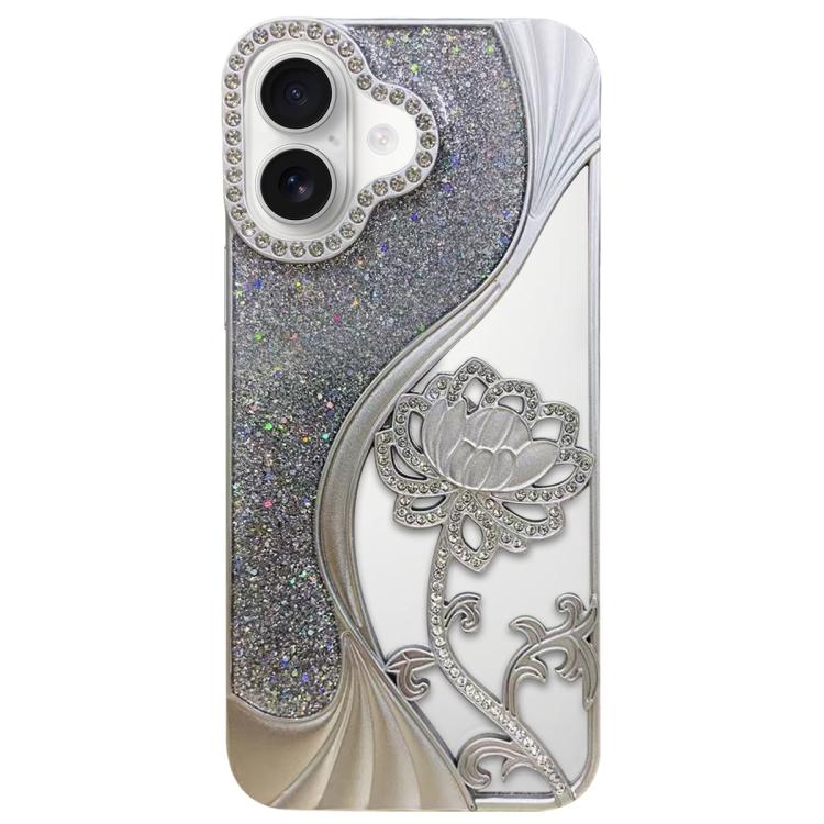 電気めっき TPU 蓮の空彫り ラインストーン グリッター電話ケース、iPhone 15用、iPhone 14用、iPhone 14 Pro用、iPhone 14 Pro Max用、iPhone 13 Pro Max用、iPhone 13 Pro用、iPhone 13用、iPhone 12用