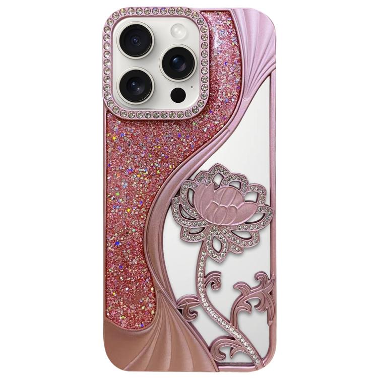 電気めっき TPU 蓮の空彫り ラインストーン グリッター電話ケース、iPhone 15用、iPhone 14用、iPhone 14 Pro用、iPhone 14 Pro Max用、iPhone 13 Pro Max用、iPhone 13 Pro用、iPhone 13用、iPhone 12用