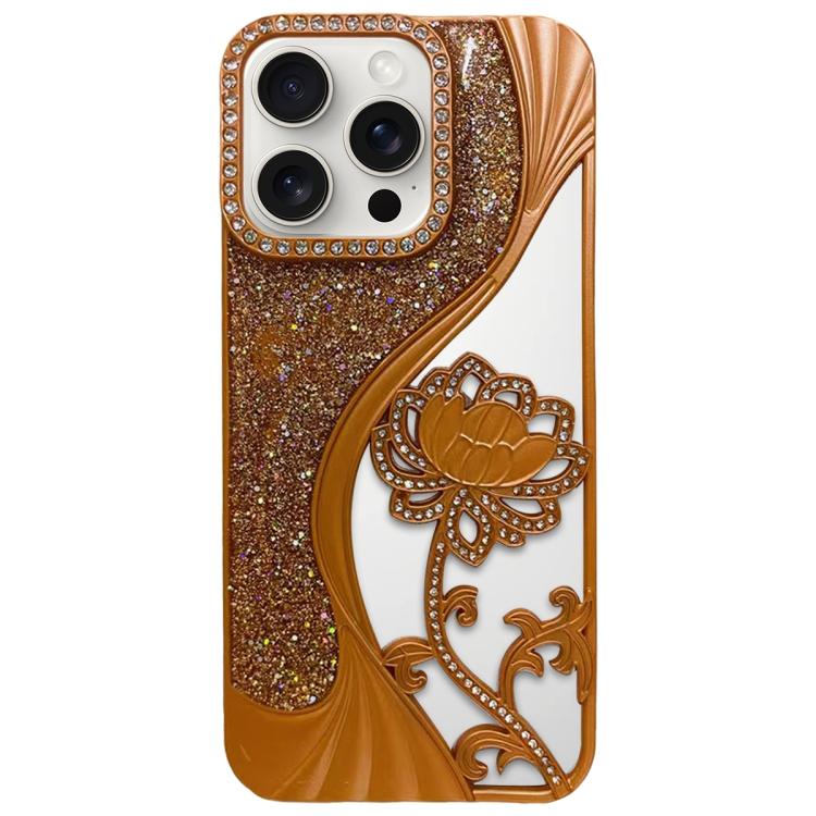 電気めっき TPU 蓮の空彫り ラインストーン グリッター電話ケース、iPhone 15用、iPhone 14用、iPhone 14 Pro用、iPhone 14 Pro Max用、iPhone 13 Pro Max用、iPhone 13 Pro用、iPhone 13用、iPhone 12用