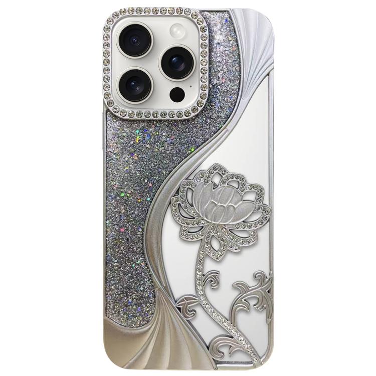 電気めっき TPU 蓮の空彫り ラインストーン グリッター電話ケース、iPhone 15用、iPhone 14用、iPhone 14 Pro用、iPhone 14 Pro Max用、iPhone 13 Pro Max用、iPhone 13 Pro用、iPhone 13用、iPhone 12用