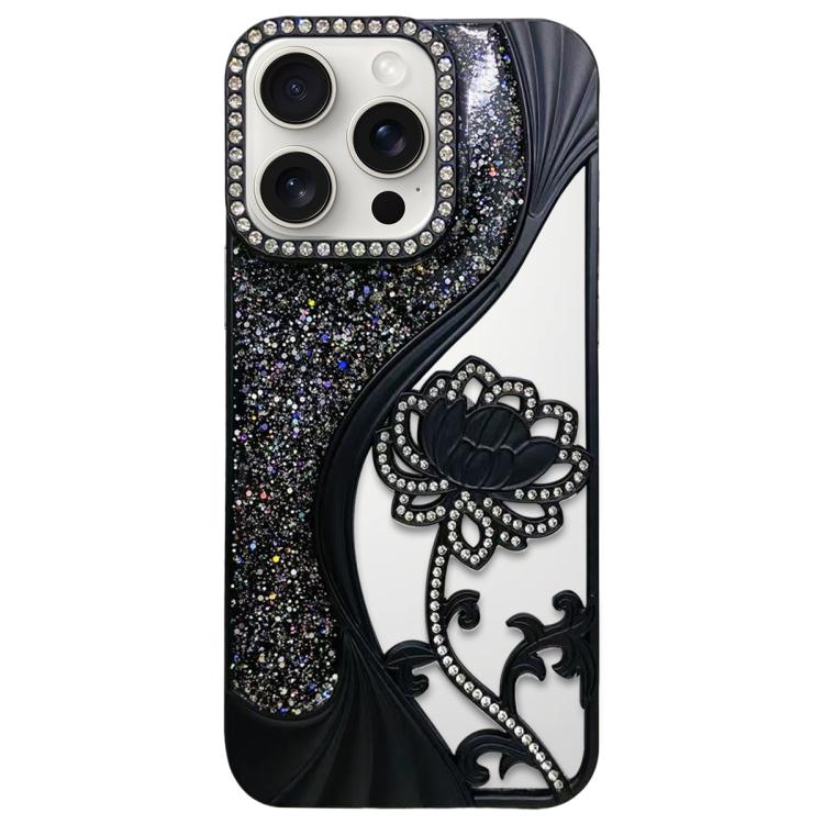 電気めっき TPU 蓮の空彫り ラインストーン グリッター電話ケース、iPhone 15用、iPhone 14用、iPhone 14 Pro用、iPhone 14 Pro Max用、iPhone 13 Pro Max用、iPhone 13 Pro用、iPhone 13用、iPhone 12用