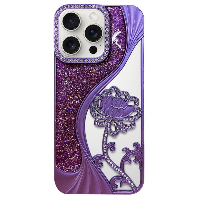 電気めっき TPU 蓮の空彫り ラインストーン グリッター電話ケース、iPhone 15用、iPhone 14用、iPhone 14 Pro用、iPhone 14 Pro Max用、iPhone 13 Pro Max用、iPhone 13 Pro用、iPhone 13用、iPhone 12用