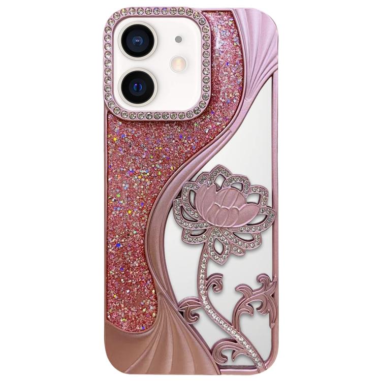 電気めっき TPU 蓮の空彫り ラインストーン グリッター電話ケース、iPhone 12 Pro Max用、iPhone 12 Pro用、iPhone 11 Pro Max用、iPhone 11用