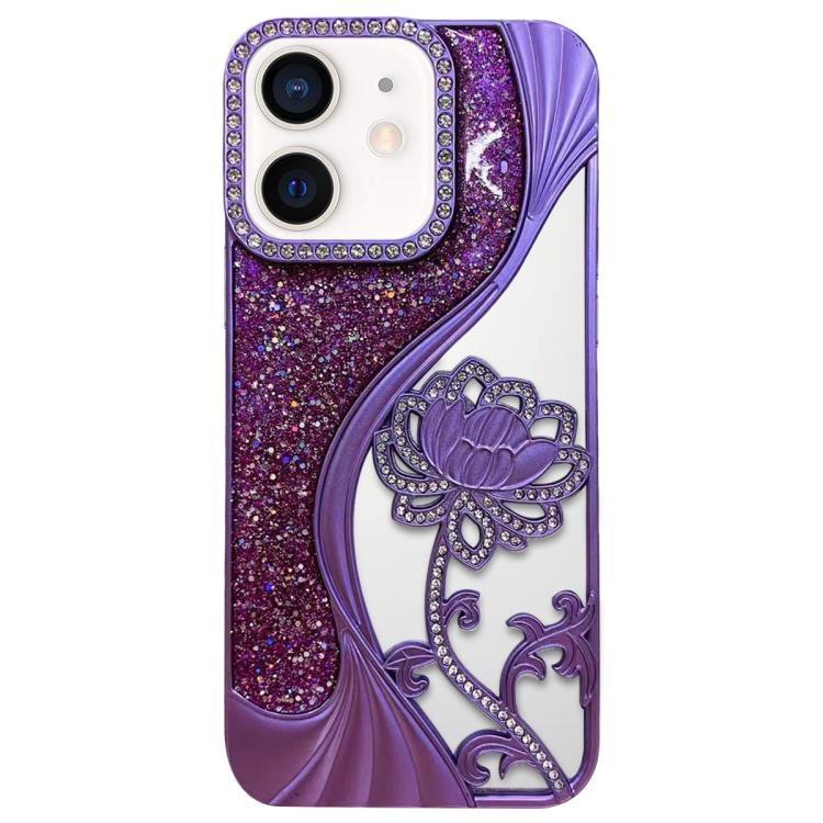 電気めっき TPU 蓮の空彫り ラインストーン グリッター電話ケース、iPhone 12 Pro Max用、iPhone 12 Pro用、iPhone 11 Pro Max用、iPhone 11用