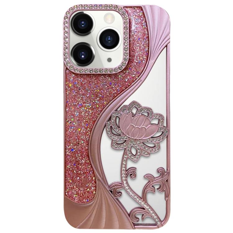 電気めっき TPU 蓮の空彫り ラインストーン グリッター電話ケース、iPhone 12 Pro Max用、iPhone 12 Pro用、iPhone 11 Pro Max用、iPhone 11用