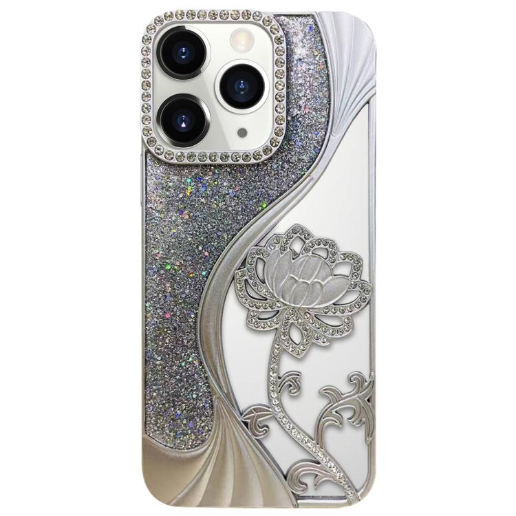 電気めっき TPU 蓮の空彫り ラインストーン グリッター電話ケース、iPhone 12 Pro Max用、iPhone 12 Pro用、iPhone 11 Pro Max用、iPhone 11用