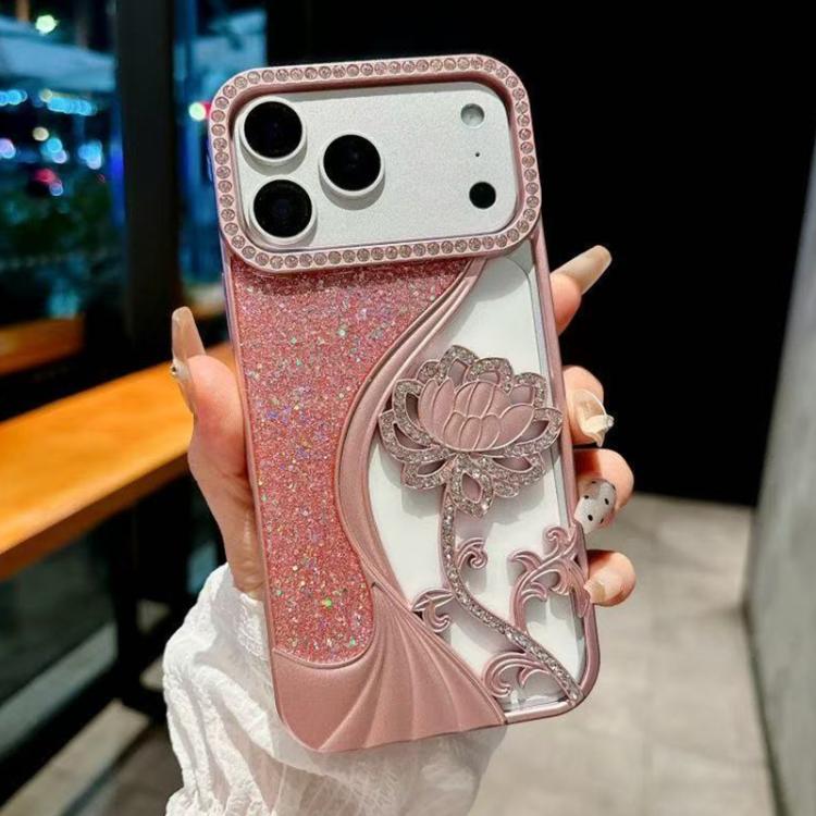 電気めっき TPU 蓮の空彫り ラインストーン グリッター電話ケース、iPhone 17 Pro Max用、iPhone 17 Pro用、iPhone 17用、iPhone 16 Pro Max用、iPhone 16 Pro用、iPhone 16用、iPhone 15 Pro Max用、iPhone 15 Pro用