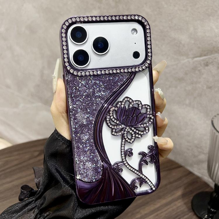 電気めっき TPU 蓮の空彫り ラインストーン グリッター電話ケース、iPhone 17 Pro Max用、iPhone 17 Pro用、iPhone 17用、iPhone 16 Pro Max用、iPhone 16 Pro用、iPhone 16用、iPhone 15 Pro Max用、iPhone 15 Pro用
