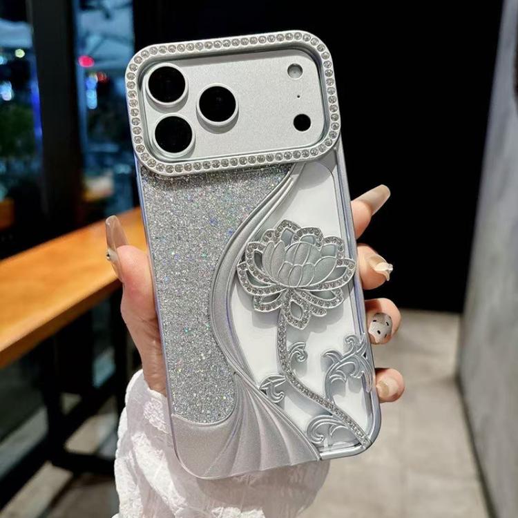 電気めっき TPU 蓮の空彫り ラインストーン グリッター電話ケース、iPhone 17 Pro Max用、iPhone 17 Pro用、iPhone 17用、iPhone 16 Pro Max用、iPhone 16 Pro用、iPhone 16用、iPhone 15 Pro Max用、iPhone 15 Pro用