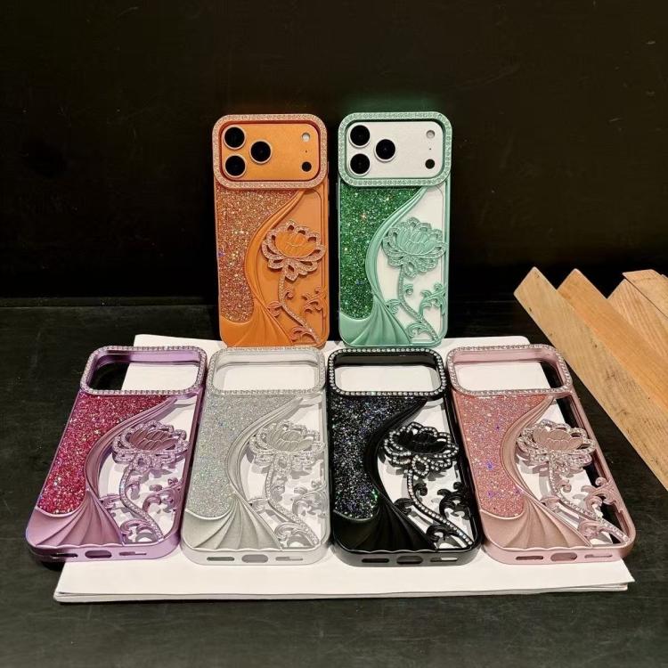 電気めっき TPU 蓮の空彫り ラインストーン グリッター電話ケース、iPhone 12 Pro Max用、iPhone 12 Pro用、iPhone 11 Pro Max用、iPhone 11用