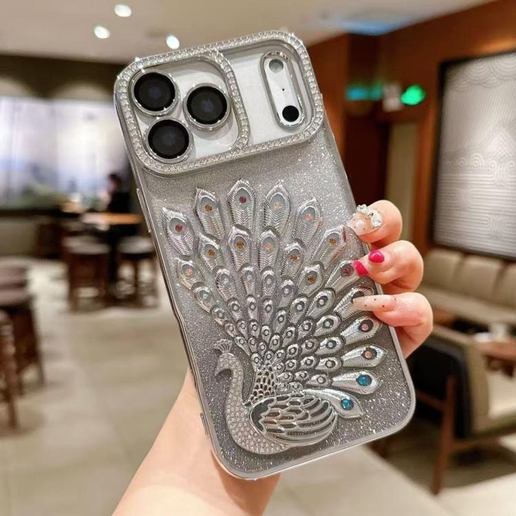 Electroplated TPU Peacock Relief Rhinestone Glitter Phone Case with Lens Film, For iPhone 17 Pro Max, For iPhone 17 Pro, For iPhone 17, For iPhone 16 Pro Max, For iPhone 16 Pro, For iPhone 16 Plus, For iPhone 16, For iPhone 15 Pro Max