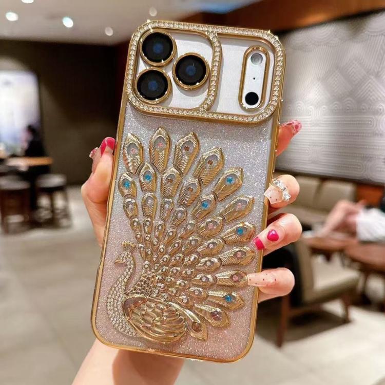 電気めっき TPU クジャク浮彫り ラインストーン グリッター電話ケース レンズフィルム付き、iPhone 17 Pro Max用、iPhone 17 Pro用、iPhone 17用、iPhone 16 Pro Max用、iPhone 16 Pro用、iPhone 16 Plus用、iPhone 16用、iPhone 15 Pro Max用
