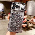 電気めっき TPU クジャク浮彫り ラインストーン グリッター電話ケース レンズフィルム付き、iPhone 17 Pro Max用、iPhone 17 Pro用、iPhone 17用、iPhone 16 Pro Max用、iPhone 16 Pro用、iPhone 16 Plus用、iPhone 16用、iPhone 15 Pro Max用