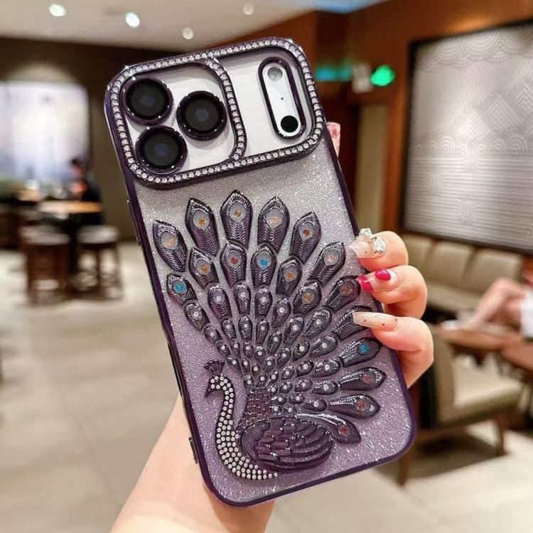 電気めっき TPU クジャク浮彫り ラインストーン グリッター電話ケース レンズフィルム付き、iPhone 17 Pro Max用、iPhone 17 Pro用、iPhone 17用、iPhone 16 Pro Max用、iPhone 16 Pro用、iPhone 16 Plus用、iPhone 16用、iPhone 15 Pro Max用