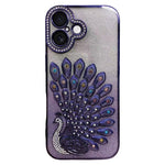 電気めっき TPU クジャク浮彫り ラインストーン グリッター電話ケース レンズフィルム付き、iPhone 17 Pro Max用、iPhone 17 Pro用、iPhone 17用、iPhone 16 Pro Max用、iPhone 16 Pro用、iPhone 16 Plus用、iPhone 16用、iPhone 15 Pro Max用