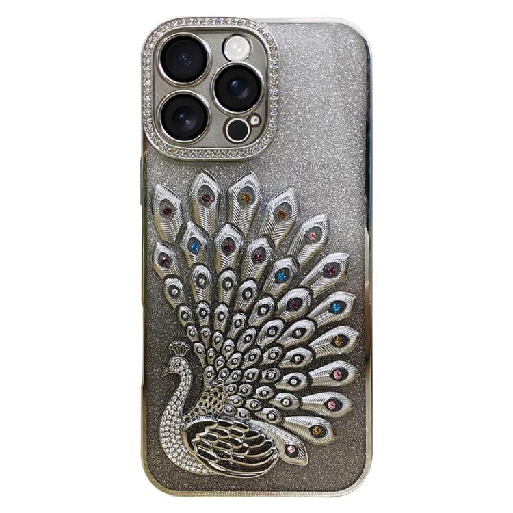 電気めっき TPU クジャク浮彫り ラインストーン グリッター電話ケース レンズフィルム付き、iPhone 17 Pro Max用、iPhone 17 Pro用、iPhone 17用、iPhone 16 Pro Max用、iPhone 16 Pro用、iPhone 16 Plus用、iPhone 16用、iPhone 15 Pro Max用